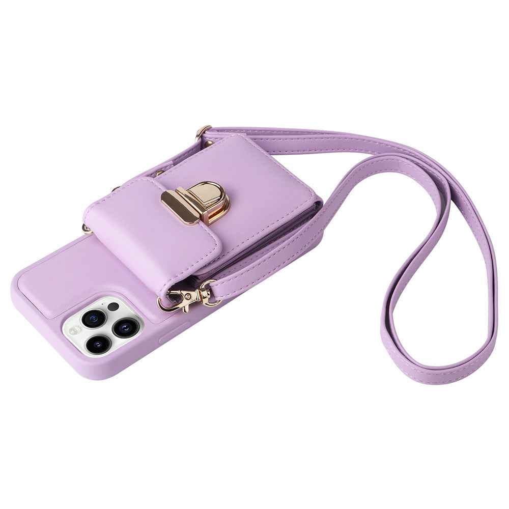 Light purple phone case with wrist strap and front buckle, flap cover with camera cutouts