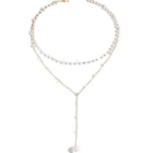 Double-layer pearl necklace with silver-tone chain, crystal-styled strands, and hanging pearl