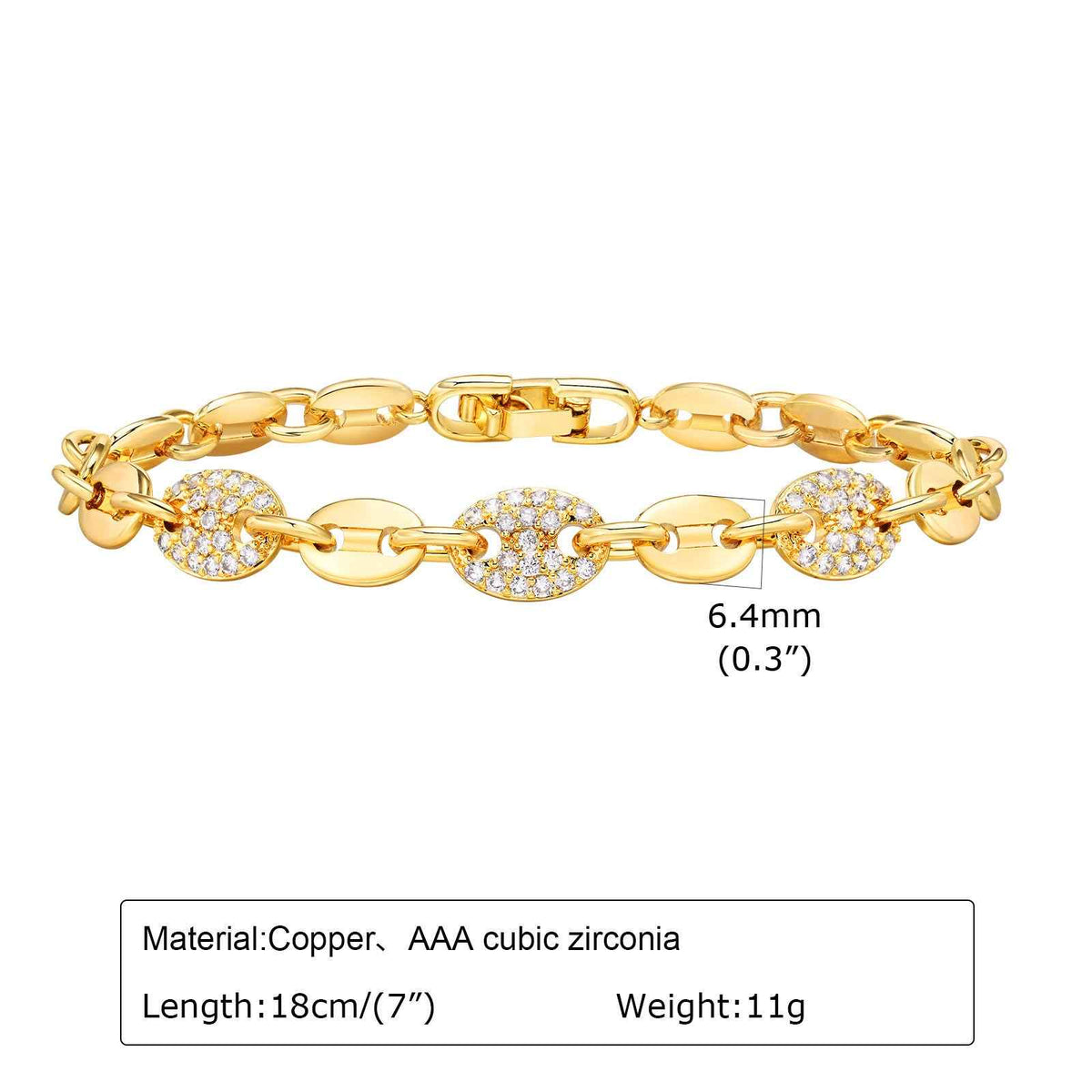Gold-tone bracelet with round crystal link charms and lobster clasp, sparkling zircon