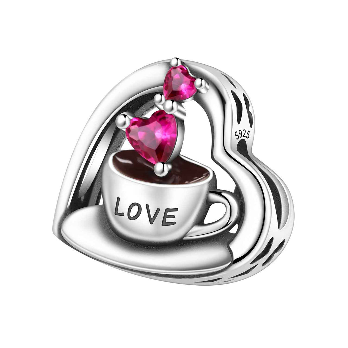 Heart charm bead pendant with pink stones and coffee cup motif, silver gemstone setting