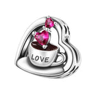 Heart charm bead pendant with pink stones and coffee cup motif, silver gemstone setting