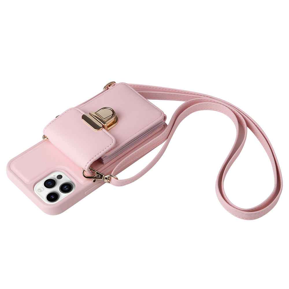 Pink phone case with wrist strap and front buckle, flip flap cover with camera cutouts
