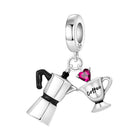 Espresso maker and coffee cup charm with a pink heart gemstone