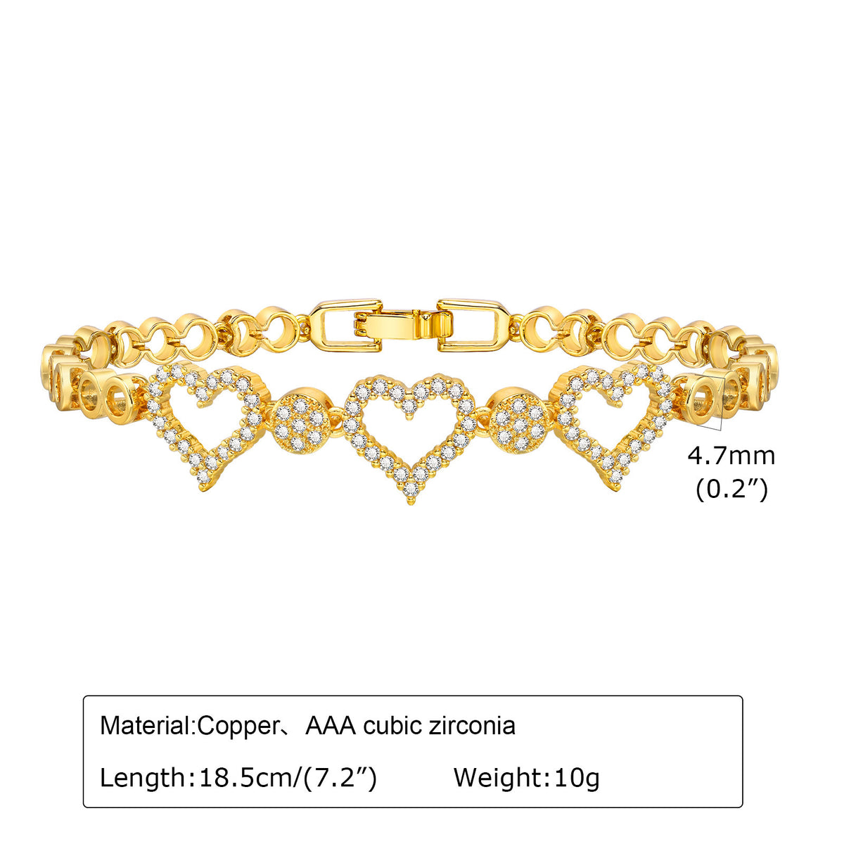 Gold-tone bracelet with dangling heart crystal charms and hinged clasp