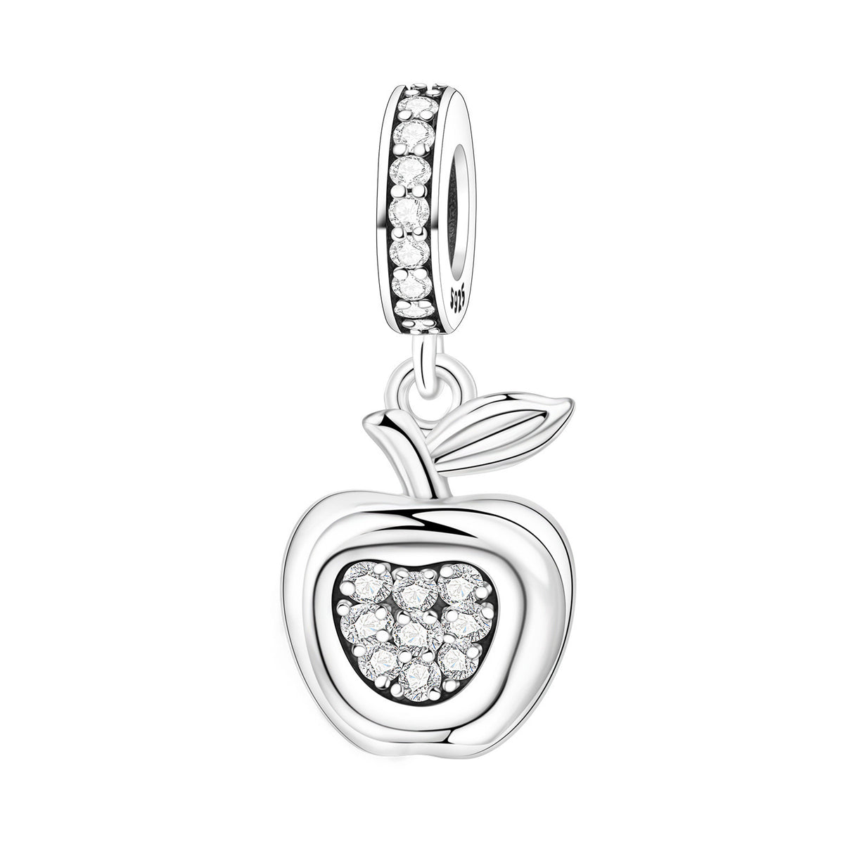 Apple charm bead pendant with clear stone heart center and sparkling pave band