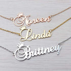 Engraved initial necklace set with crown pendants: Noreen, Linda, Brittney, mixed metal chains