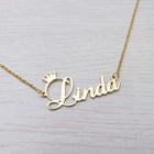 Gold engraved initial necklace with crown pendant, letter Linda and clasp chain