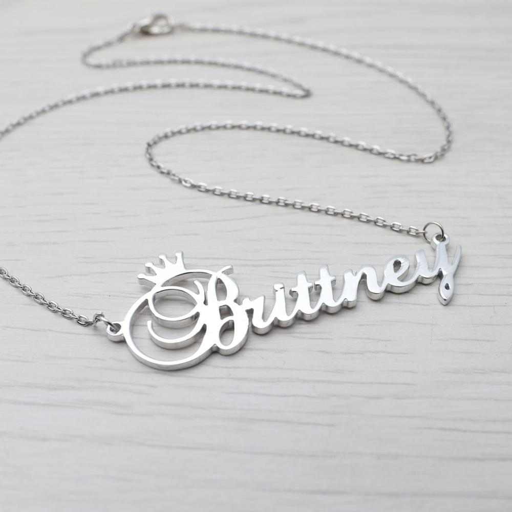 Silver engraved initial necklace with crown pendant, letter Brittney on chain