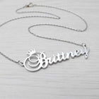Silver engraved initial necklace with crown pendant, letter Brittney on chain