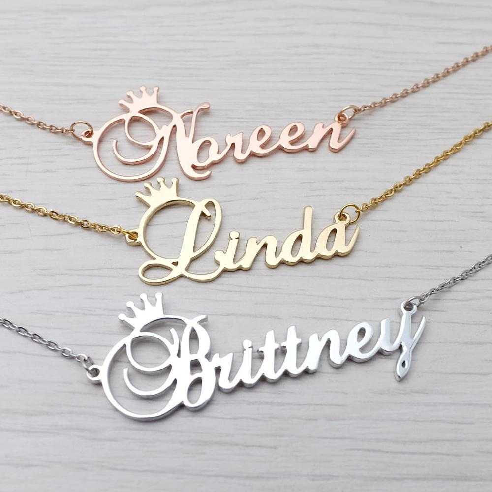 Engraved initial necklace set with crown pendants: Noreen, Linda, Brittney in mixed metals