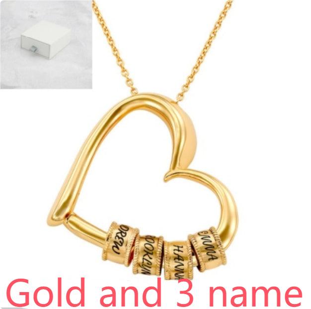Gold heart pendant necklace with 3 engraved name beads and link chain
