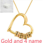 Gold heart pendant necklace with 4 engraved name beads and link chain