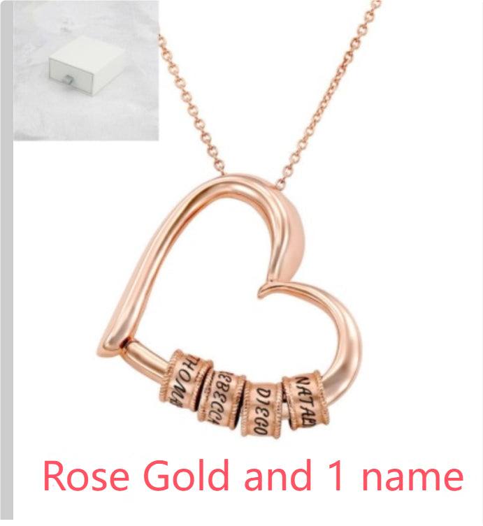 Rose gold heart pendant necklace with 1 engraved name bead and link chain