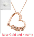 Rose gold heart pendant necklace with 4 engraved name beads and link chain
