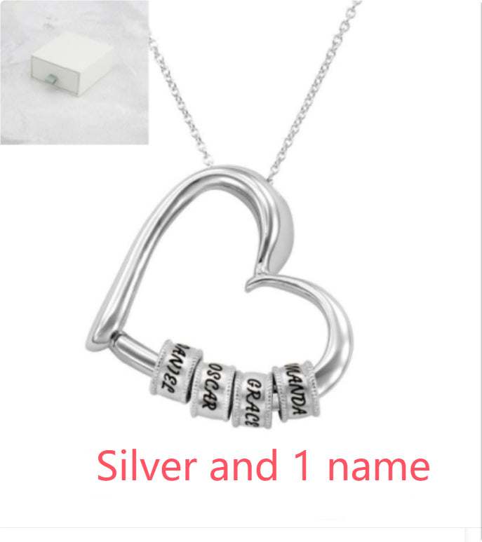 Silver heart pendant necklace with 1 engraved name bead and link chain