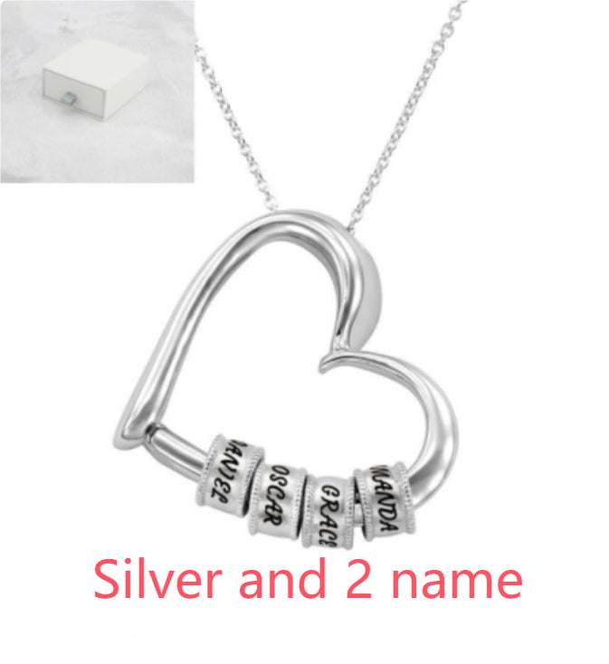 Silver heart pendant necklace with 2 engraved name beads and link chain