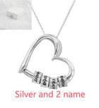 Silver heart pendant necklace with 2 engraved name beads and link chain