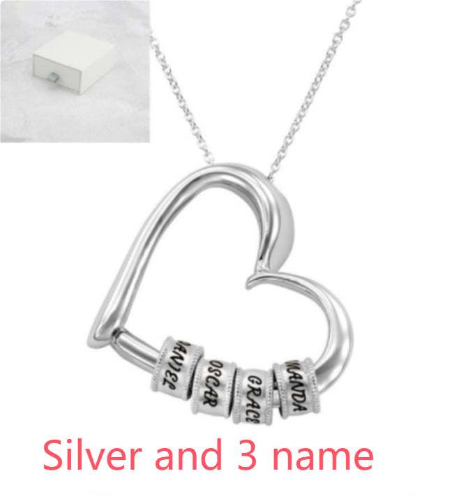 Silver heart pendant necklace with 3 engraved name beads and link chain