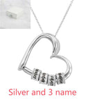 Silver heart pendant necklace with 3 engraved name beads and link chain