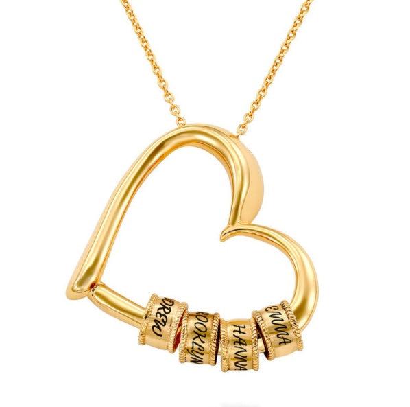 Gold heart name pendant necklace with stacked engraved beads and fine chain