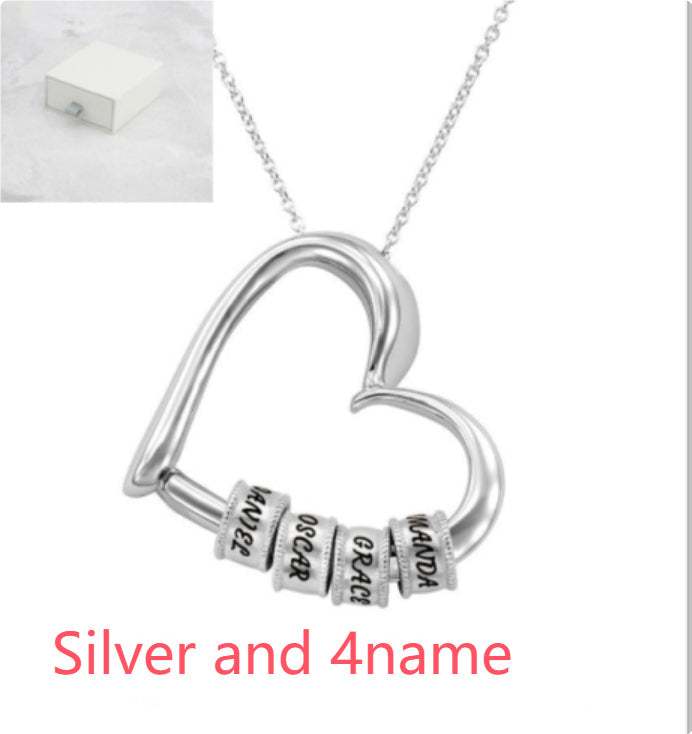 Silver heart pendant necklace with 4 engraved name beads and link chain