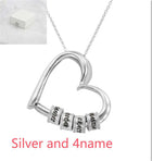 Silver heart pendant necklace with 4 engraved name beads and link chain