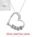 Silver heart name pendant necklace with engraved bead segments on a chain