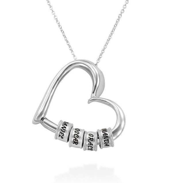 Silver heart name pendant necklace with stacked engraved beads and chain, centered