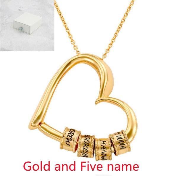 Gold heart name pendant necklace with engraved beads and linked chain