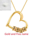 Gold heart name pendant necklace with engraved beads and linked chain
