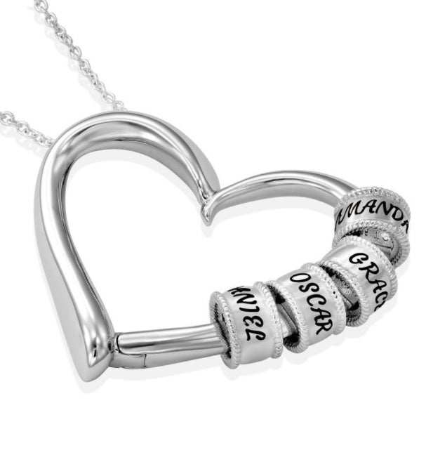 Silver heart name pendant necklace with engraved bead charms on a chain