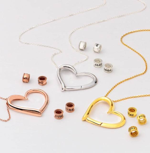 Set of heart name necklaces in mixed metals with engraved bead charms and chains