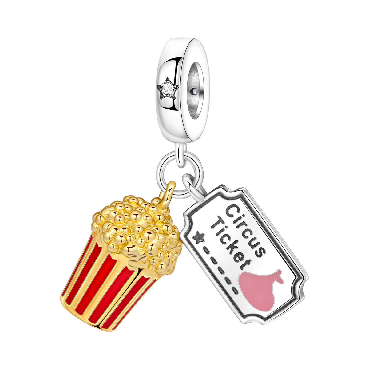 Circus ticket and popcorn charm bead pendant with gold popcorn and silver details