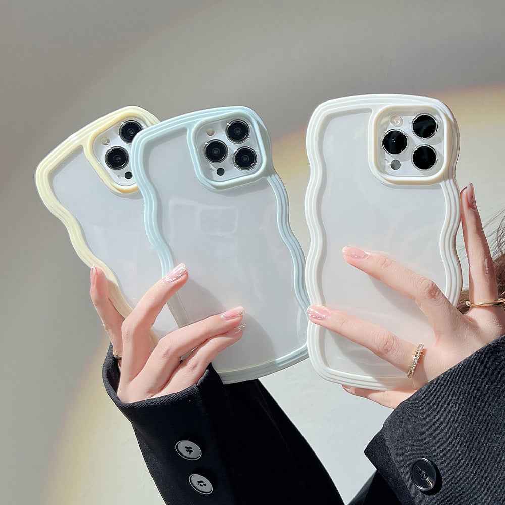 Transparent silicone iPhone case with light blue wavy border trim and raised camera cutouts