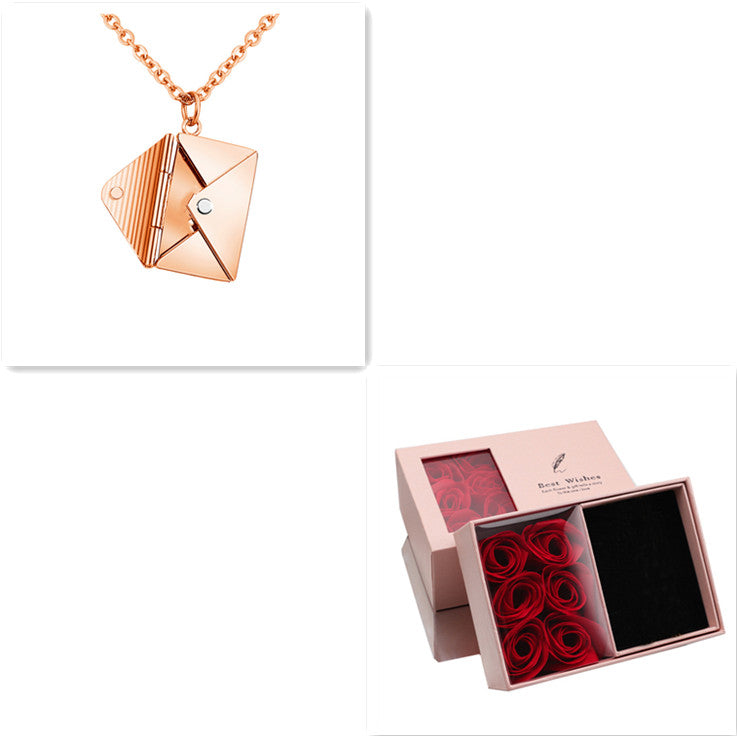 Rose gold envelope pendant necklace with gift presentation box and red rose decor