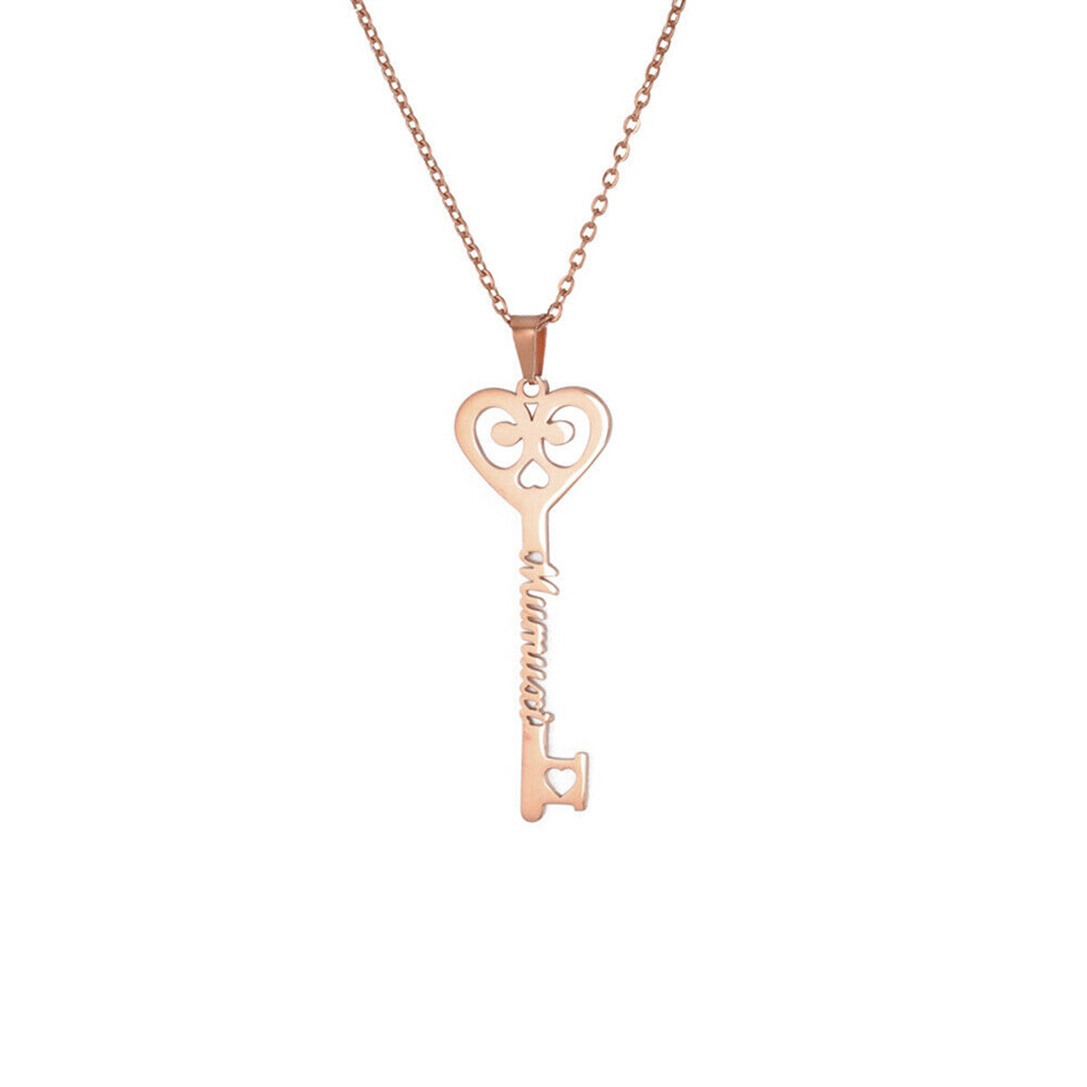 Rose gold key pendant necklace with heart-shaped top and engraved name key