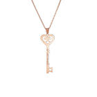 Rose gold key pendant necklace with heart-shaped top and engraved name key