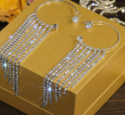 Long tassel drop earrings with silver rhinestone fringe and round top charms