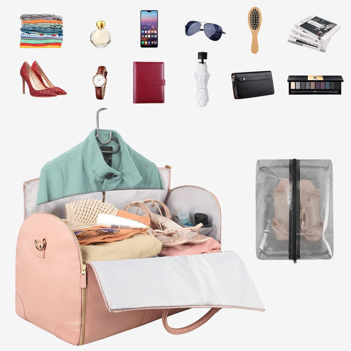 Foldable light pink duffle bag with open interior and see-through waterproof storage pouch