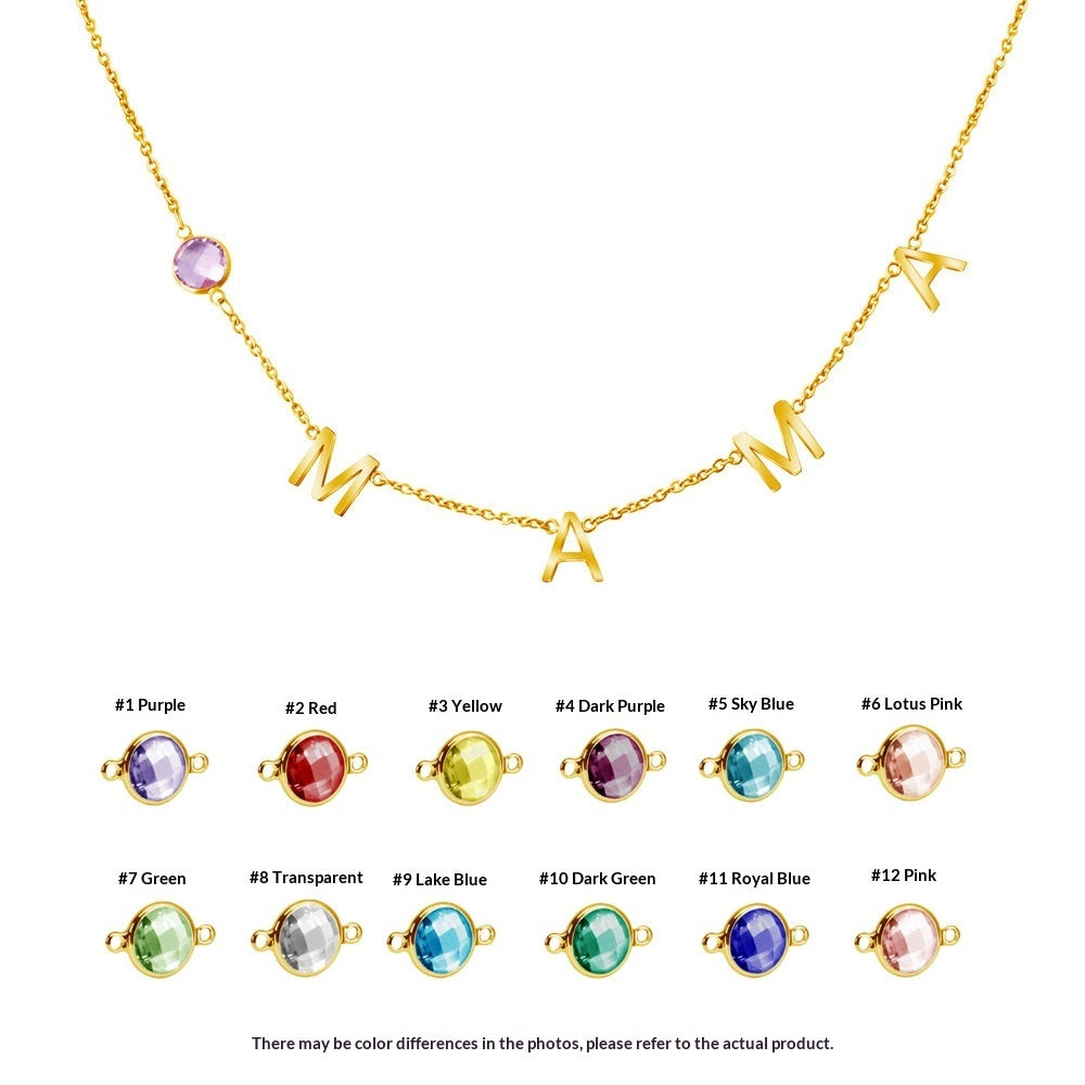 Gold initial necklace with purple round stone and letter charms A M