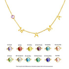Gold initial necklace with purple round stone and letter charms A M