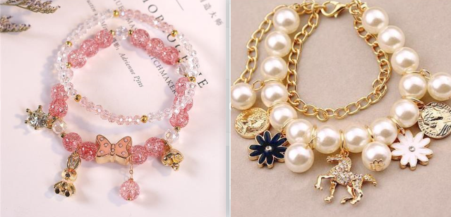 Bracelet duo: rose/pink crystal beaded bracelet with charm dangles, plus pearl gold-tone horse and flowers