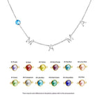 Silver initial necklace with letter charms and a round blue stone pendant
