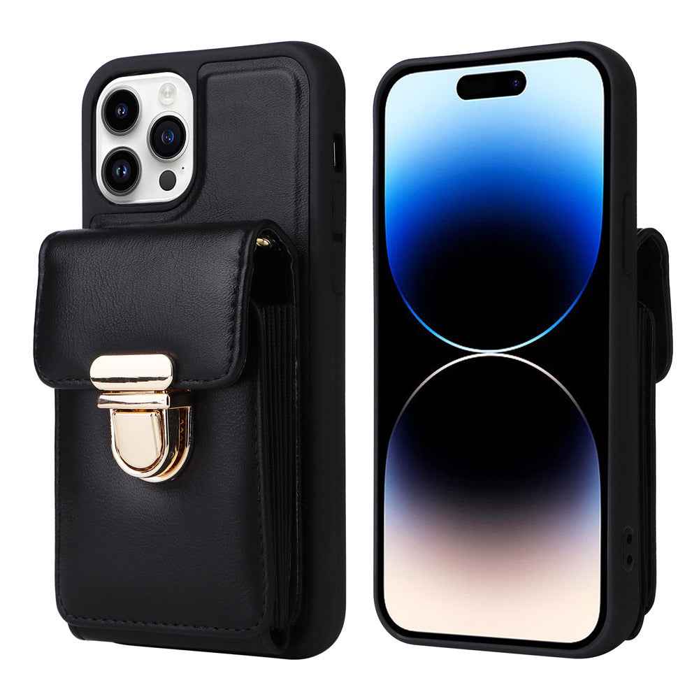 Black phone case with front wallet flap and wrist strap, dual-camera cutout