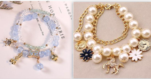 Bracelet duo: pearl gold-tone bracelet with blue and white flowers and horse, plus light blue crystal bracelet