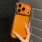 Orange phone case with raised camera lens guard and protective camera openings
