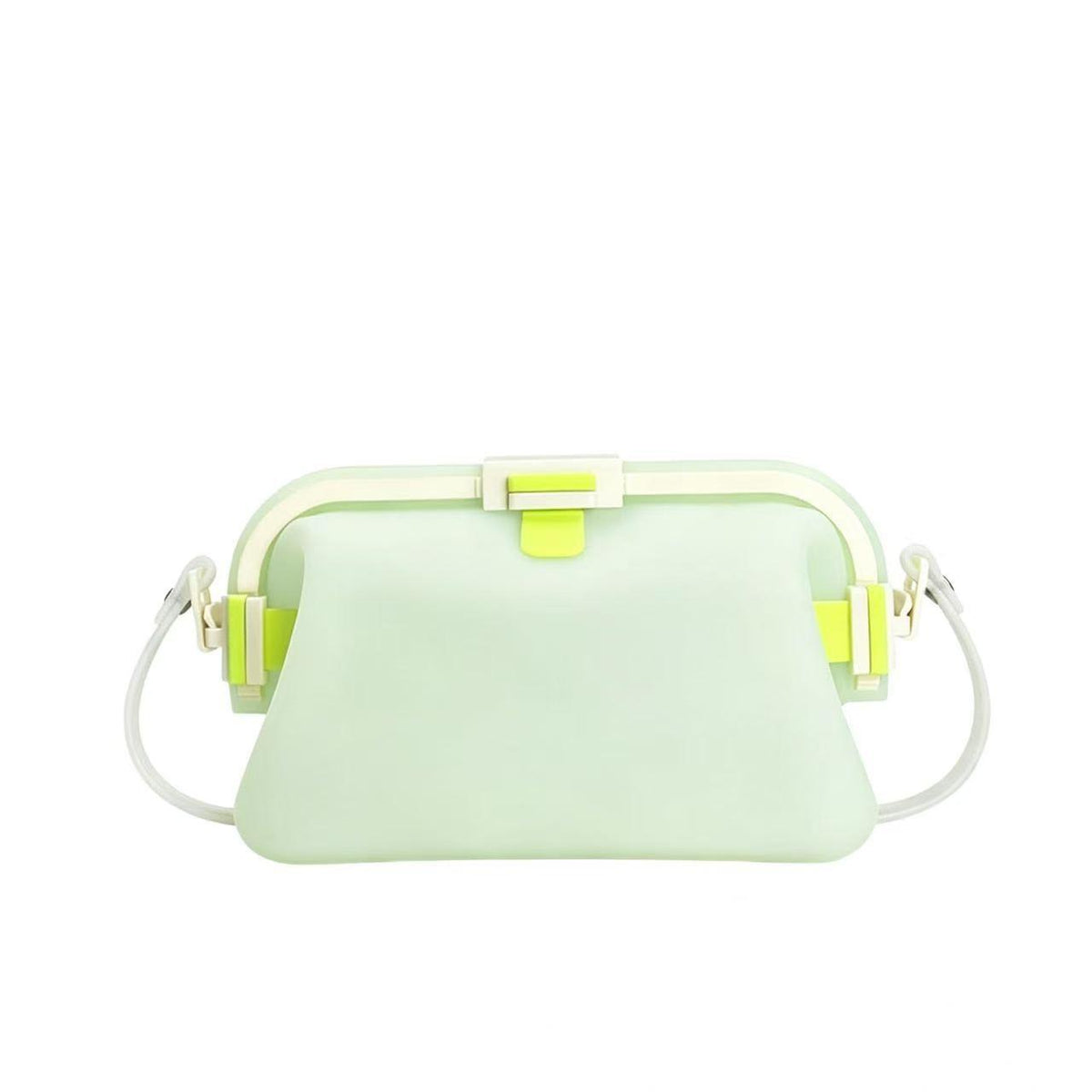 Waterproof silicone pouch in light mint green with flip-top clasp and white crossbody strap
