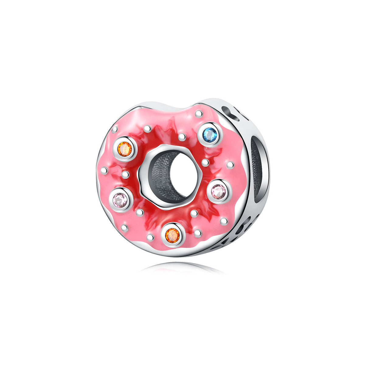 Pink donut charm bead with colorful sprinkle details and a center gemstone