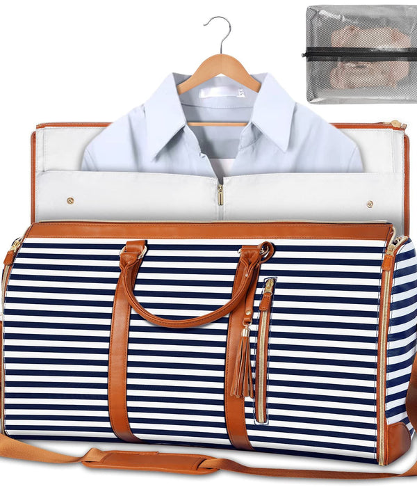 Foldable blue-and-white striped duffle bag with tan trim, zip top, and front handle straps