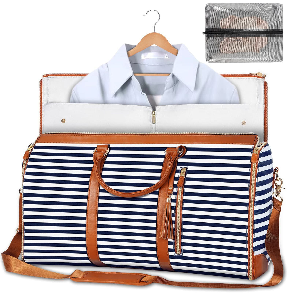 Foldable blue-and-white striped duffle bag with tan trim, zip top, and front handle straps